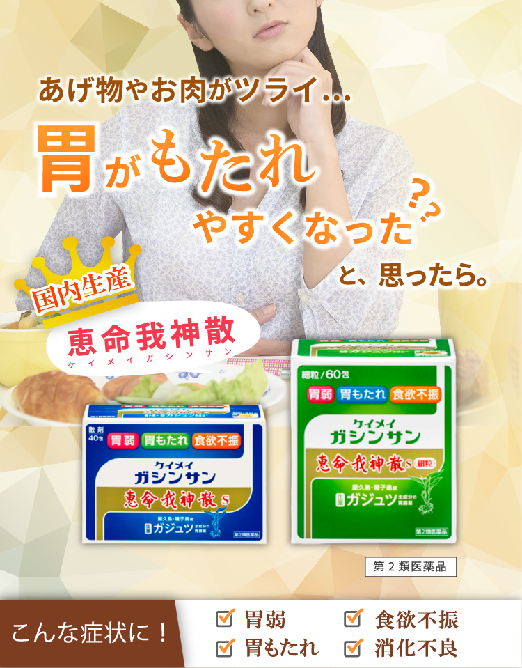 あげ物やお肉がツライ…胃がもたれやすくなった？と、思ったら。『恵命我神散（ケイメイガシンサン）』